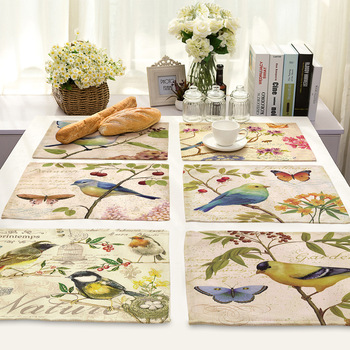 Rural Cartoon Bird Non-slip insulation Placemat coaster for table dinner Table Mats cotton linen Pads Home Decor 42*32cm 0005